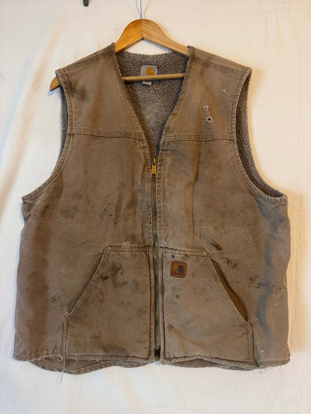 Carhartt Distressed V26-FRB Brown Sandstone Duck Sherpa Lined Vest Size XL Tall